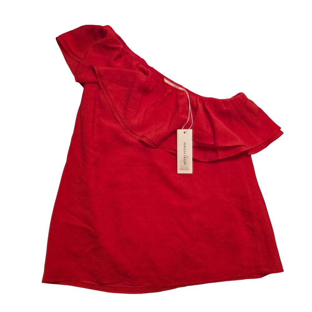 Rebecca Taylor Red One Shoulder Silk Ruffle Top Blouse Candy Apple Size 0‎